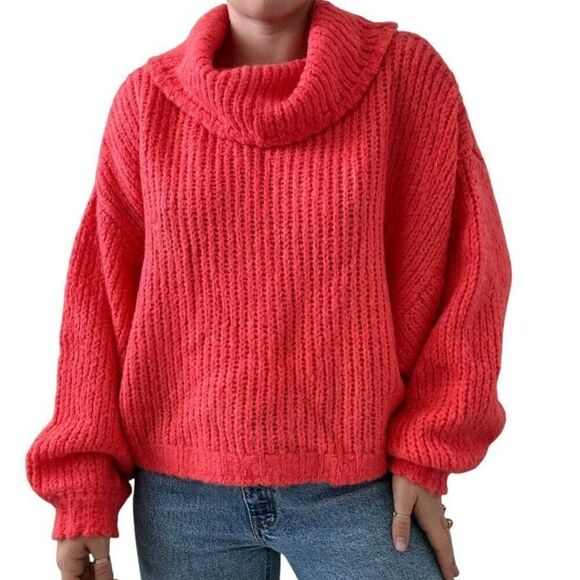 Pilcro Anthropologie Coral Pink Alpaca Wool Oversized Cropped Chunky Sweater L - Picture 1 of 8